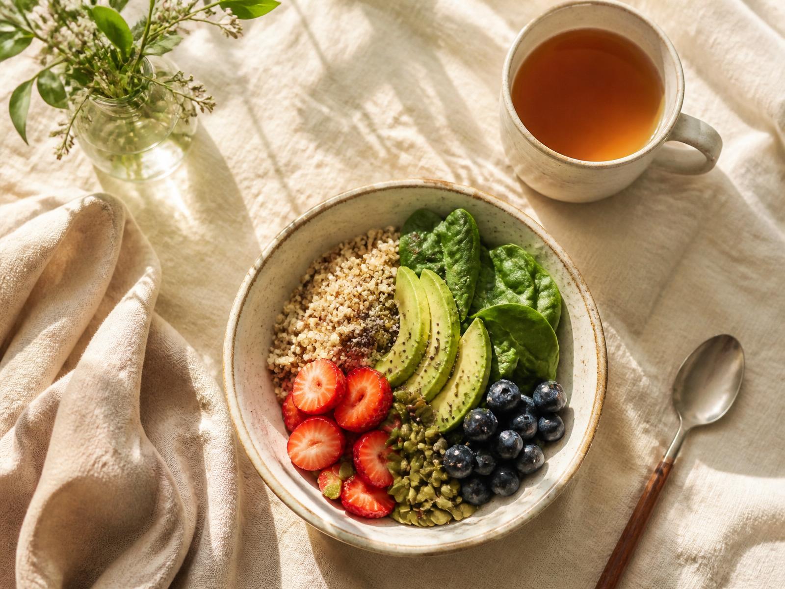 Overhead flat lay of a fresh whole-food breakfast bowl in soft morning light — Injectable Tirzepatide, Weight Loss
