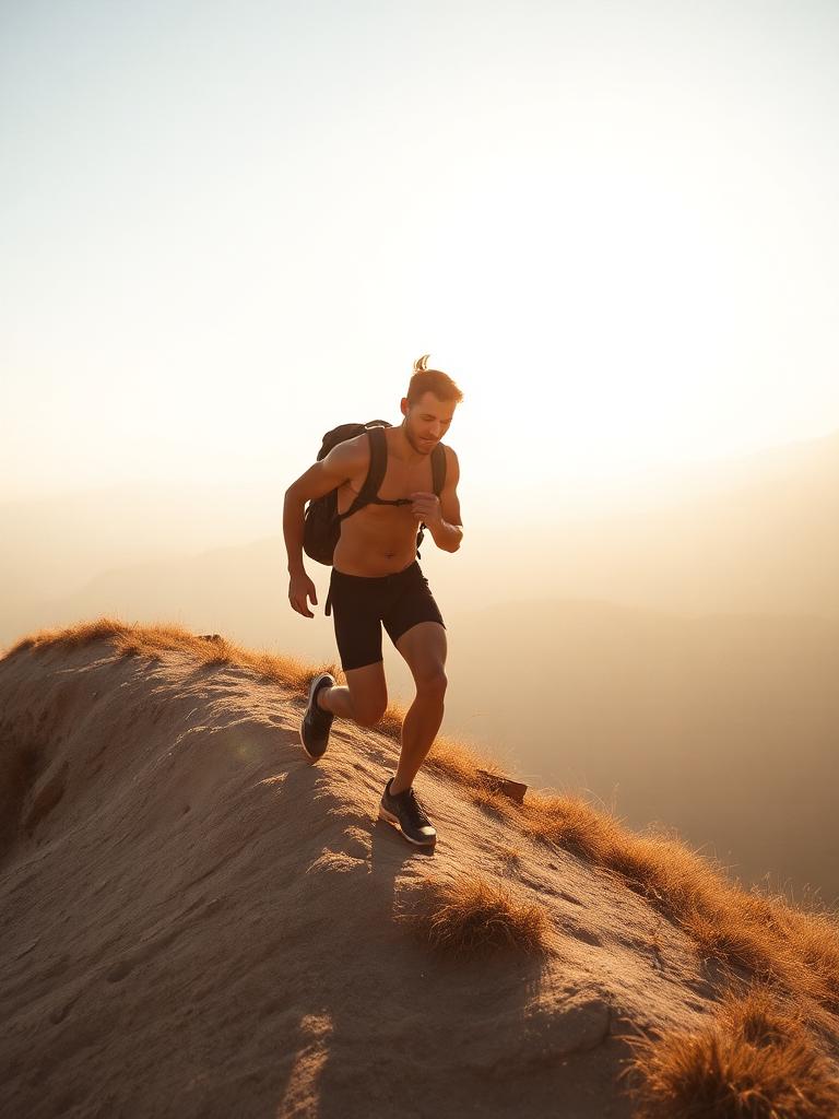 Athletic hiker climbing a sunlit ridge, evoking strength and an active lifestyle