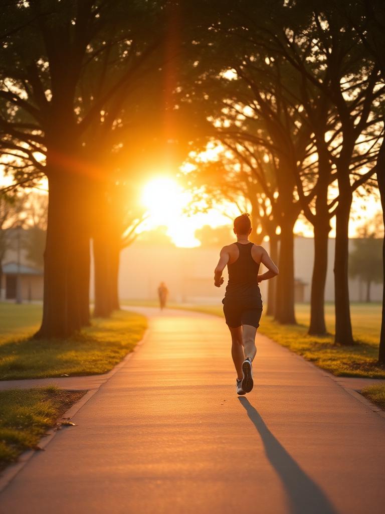 Runner mid-stride on a tree-lined path at sunrise, evoking lean athletic movement