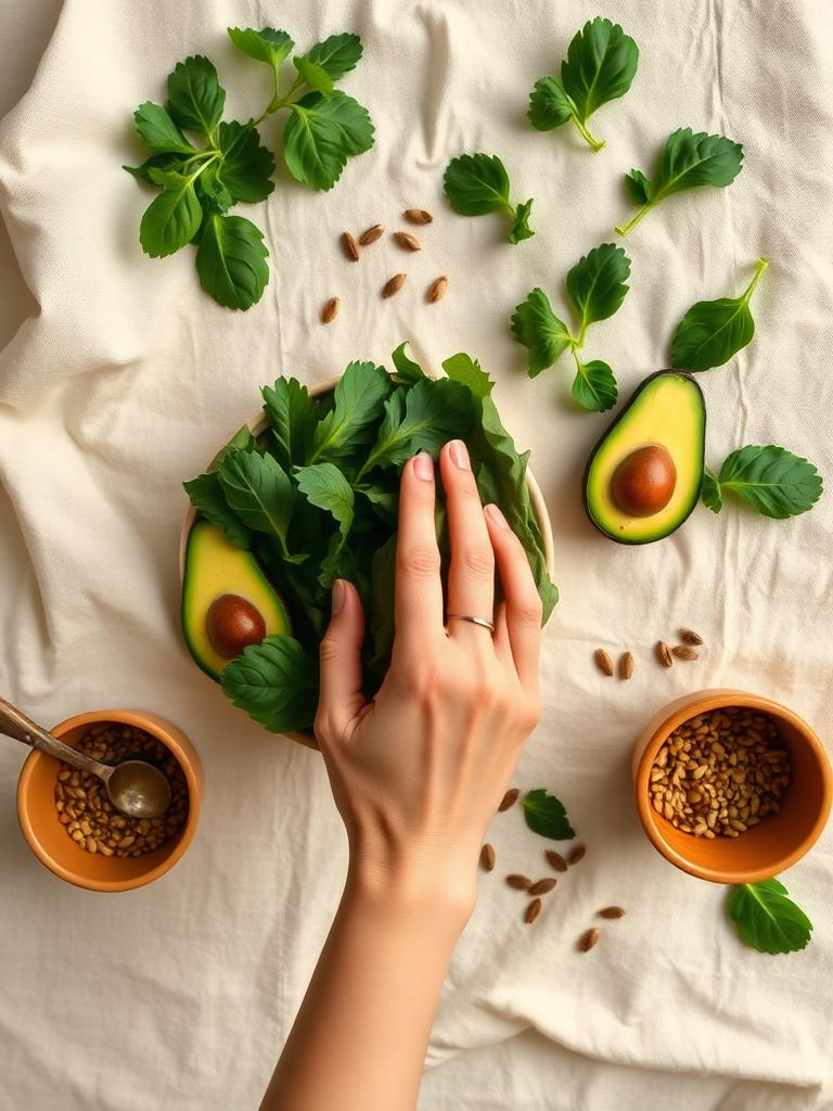 Overhead of fresh greens, avocado and seeds on a linen surface, evoking metabolic vitality