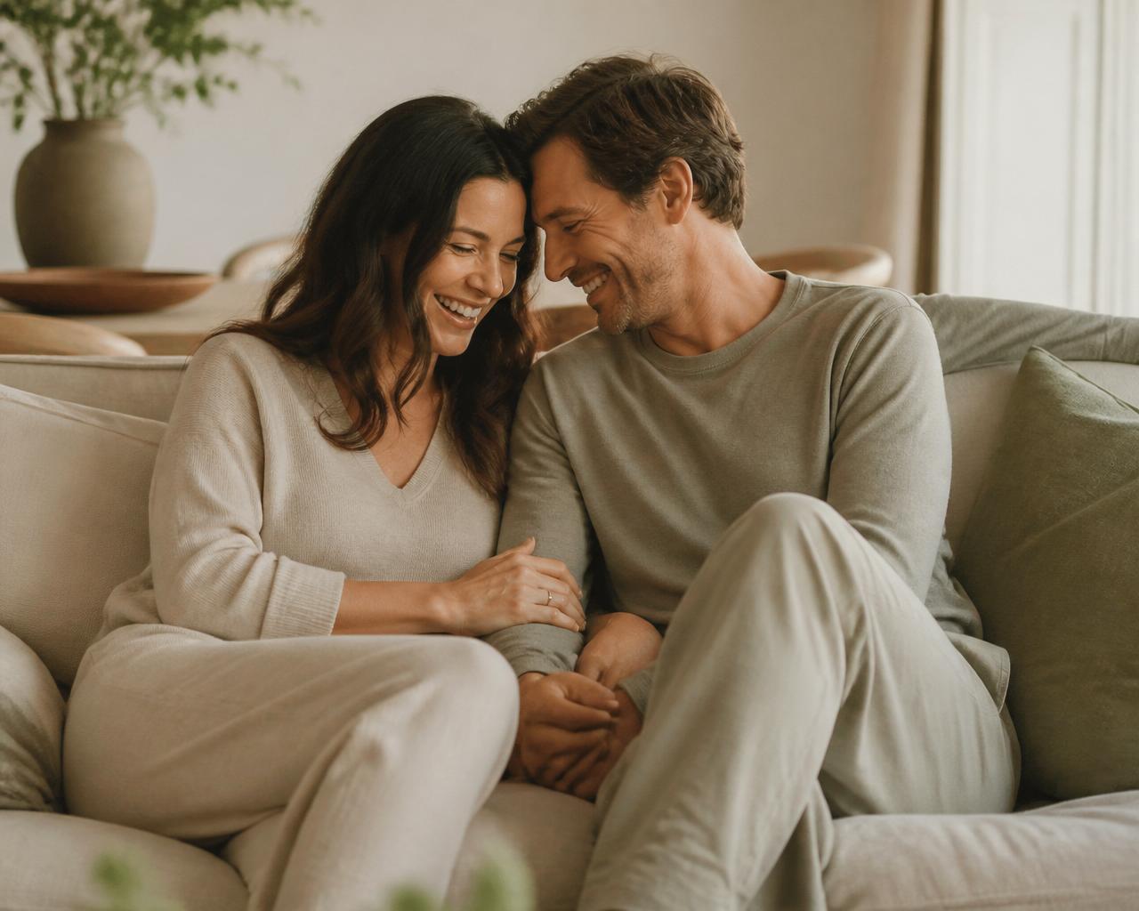 Couple sharing a warm, connected moment together on a linen sofa in morning light — Sildenafil, Sexual Health