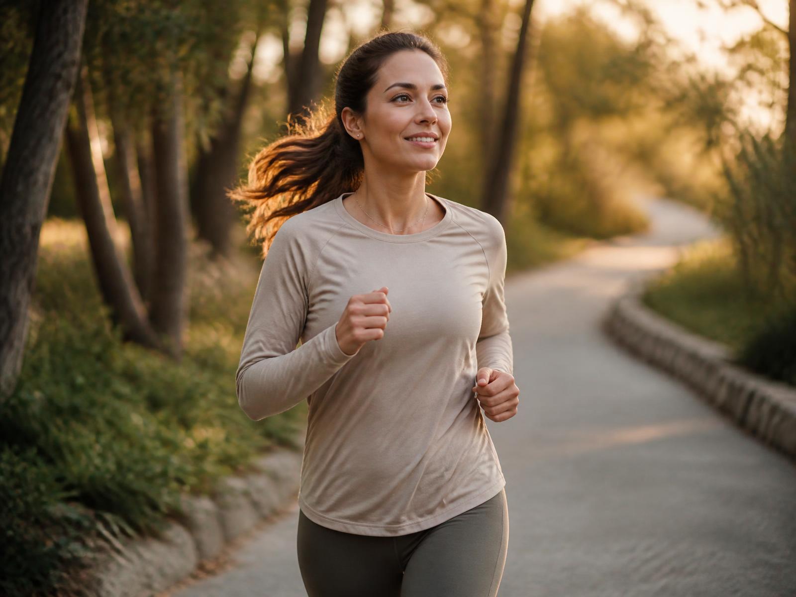 Woman jogging on a tree-lined path in warm golden light — Injectable Semaglutide, Weight Loss