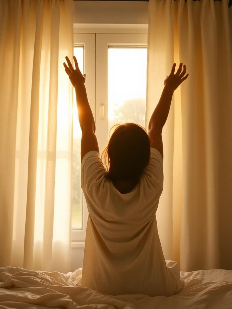 Person stretching arms toward a sunlit window in warm morning light, evoking refreshed energy