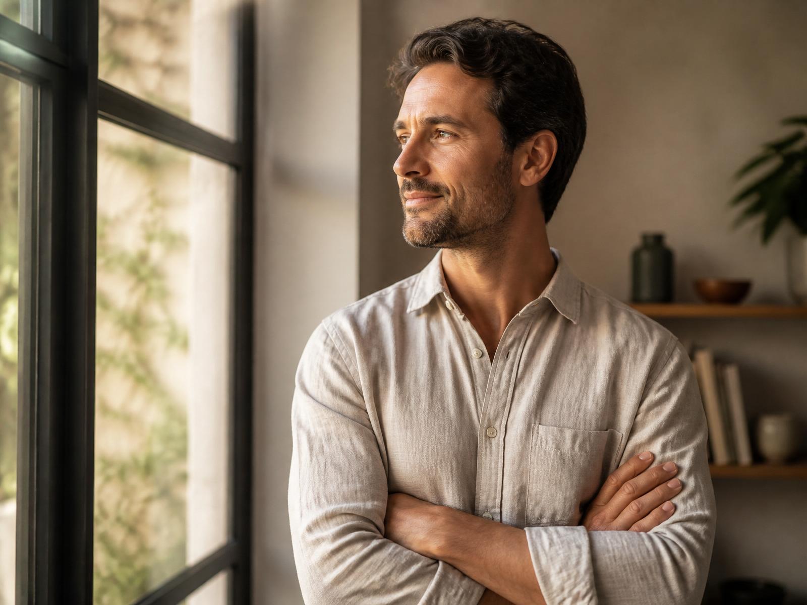 Confident man in a linen shirt standing by a sunlit window in warm morning light — Testosterone Cypionate, Men's Health